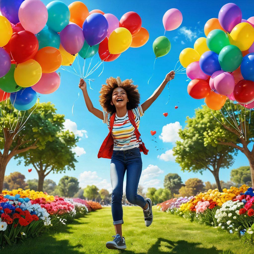 A vibrant scene depicting a joyful person surrounded by colorful balloons and flowers, radiating happiness. Incorporate elements like a sunlit park, cheerful friends laughing, and a gentle breeze flowing through, symbolizing freedom and positivity. Add whimsical doodles of hearts and smiley faces in the background, enhancing the feeling of ecstatic living. bright and colorful. cartoon style. 3D effect.