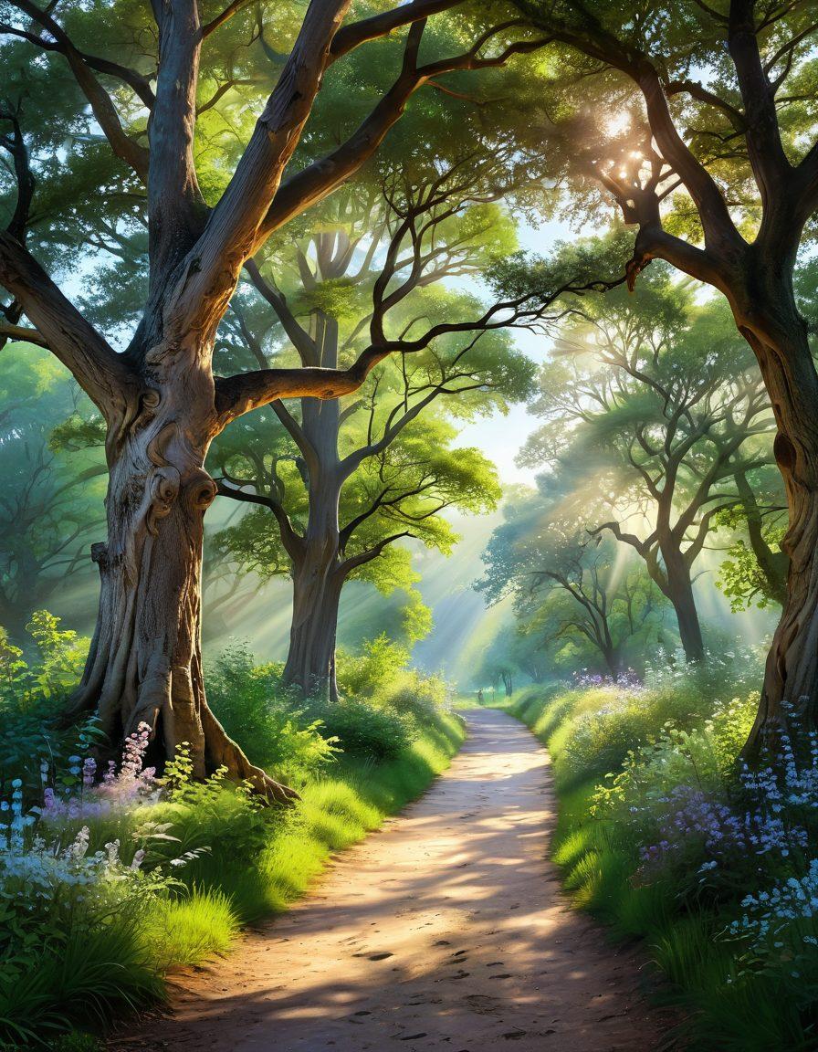 A serene landscape depicting a sunlit path leading through a lush green forest, symbolizing a journey to joy. Include gentle streams and blossoming flowers along the way, with a figure meditating under a large oak tree, radiating peace and contentment. The sky is painted with soft pastel colors, hinting at dawn. super-realistic. vibrant colors.