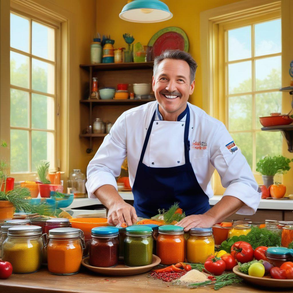A whimsical kitchen scene showcasing a joyful chef named Paul, surrounded by vibrant ingredients and colorful dishes. Capture the essence of laughter, with spice jars that have faces, musical notes floating in the air, and a window displaying a sunny day outside. Include a table set for a feast, expressing warmth and togetherness. Painting. vibrant colors. cheerful atmosphere.